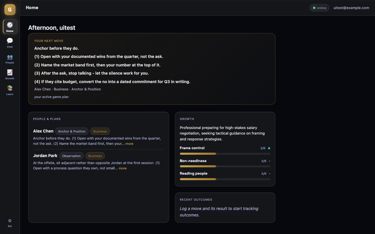 Gambit Tells dashboard with people, game plans, growth tracking, and next move strategy